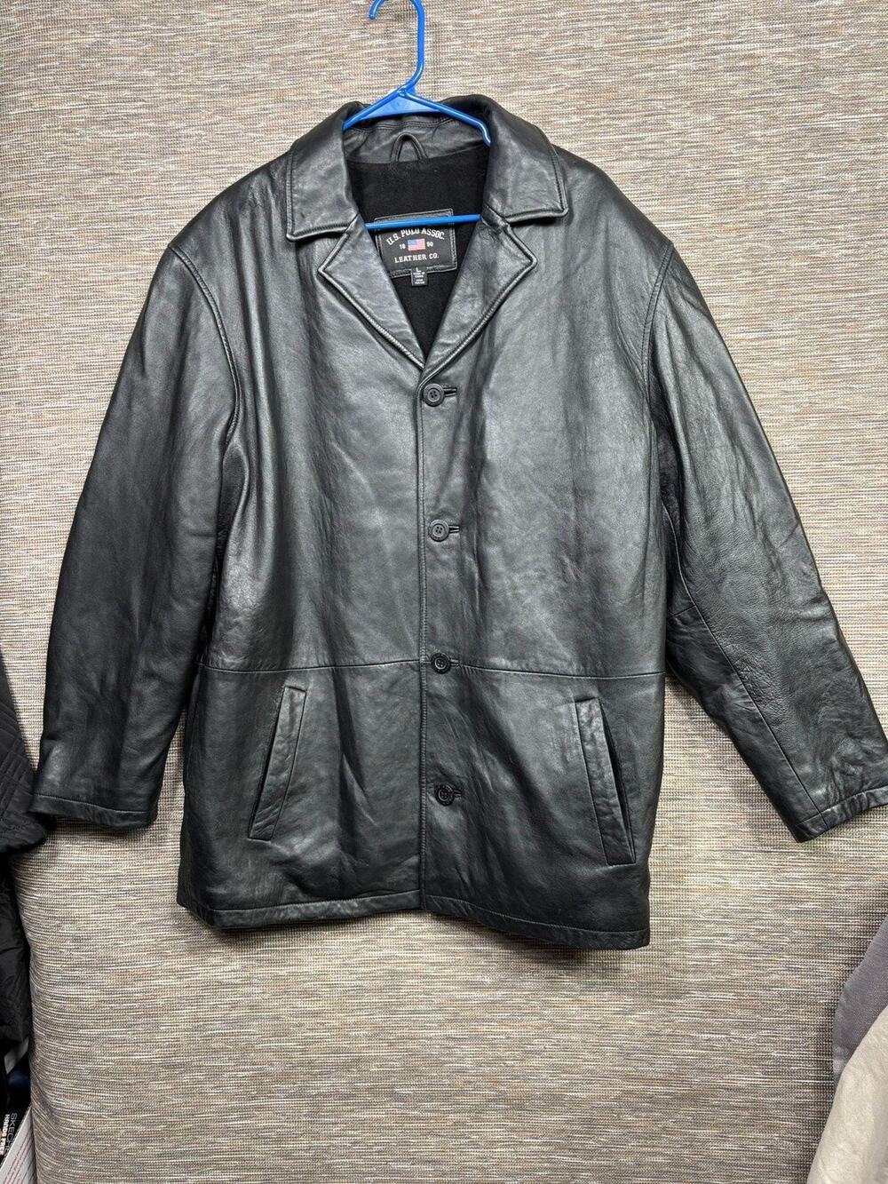 U.S. Polo Assn Leather Coat Mens Large Black Single Breasted Overcoat Lined